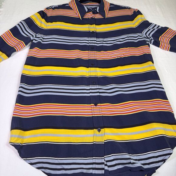 Equipment Femme Shirt Womens Small Navy Blue Striped 100% Silk Button‎ Up Top - Picture 14 of 15